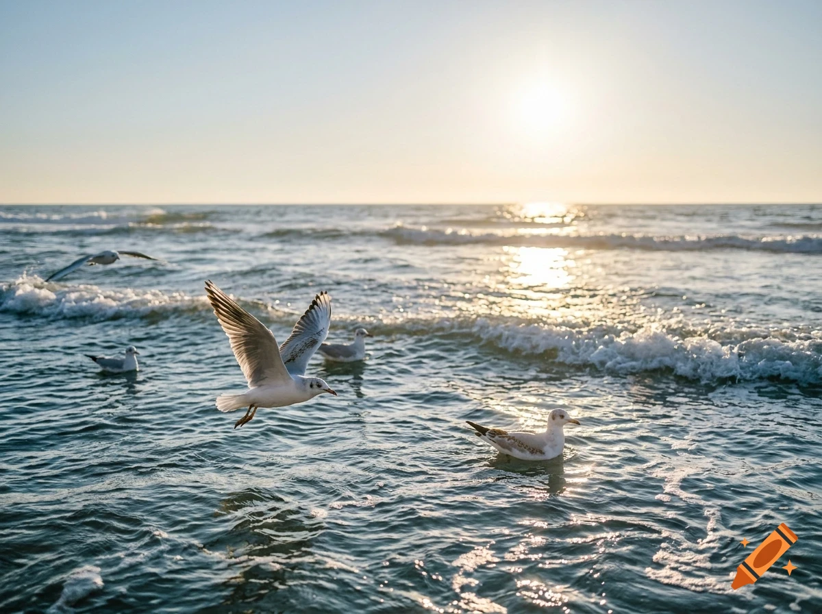 Several seagulls flying and swimming in the ocean at sunset.