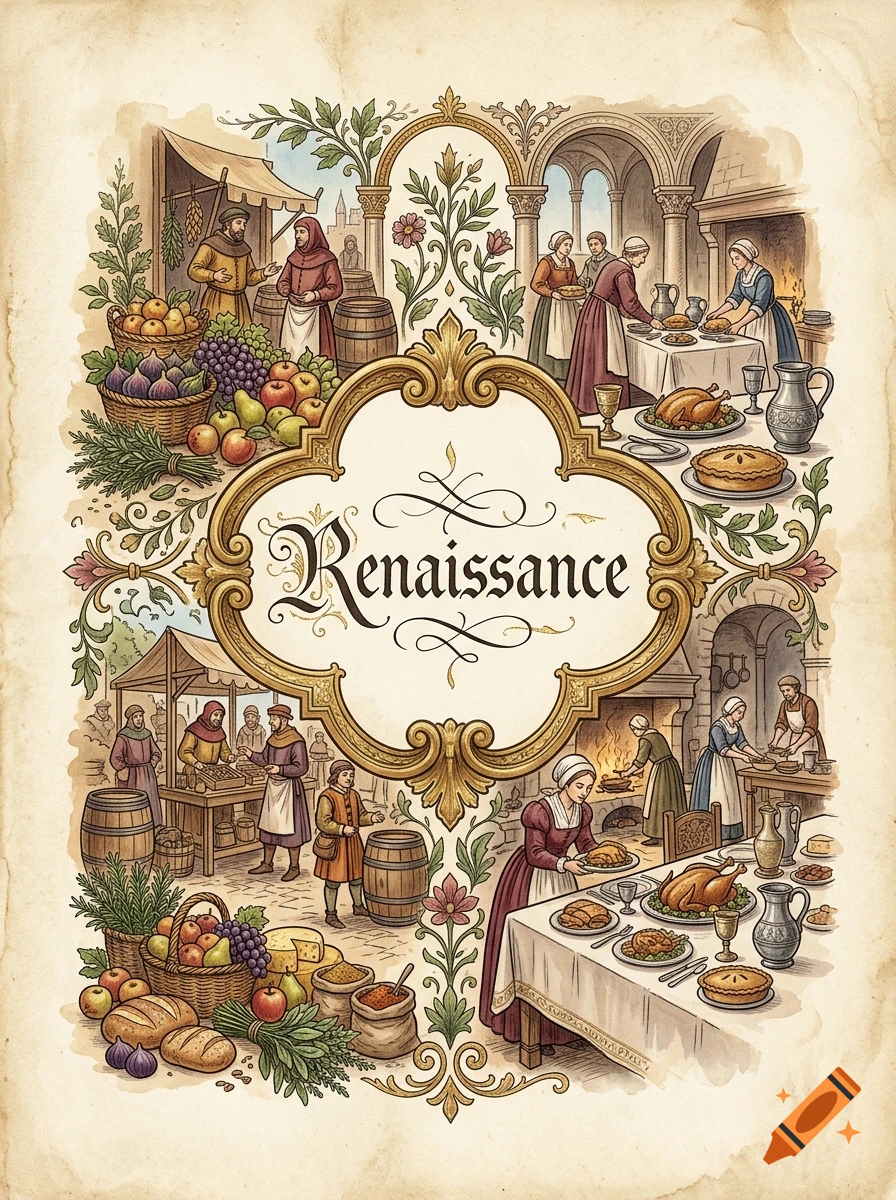 An illustrated Renaissance-themed poster featuring market scenes, food preparation, dining, and an ornate central frame with the text 'Renaissance'.
