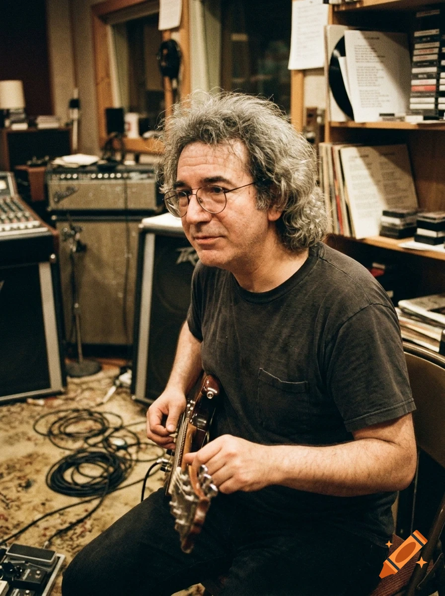 A man with curly grey hair and glasses tunes an electric guitar in a music studio filled with equipment and records.