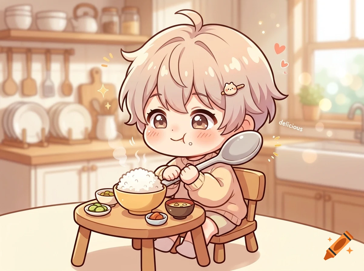An anime-style illustration of a cute chibi character sitting at a small table in a kitchen, holding a large spoon and eating a bowl of rice.