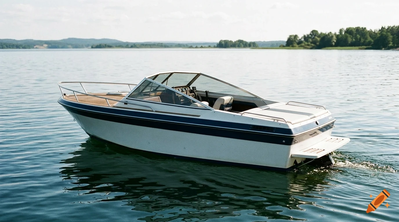 A motorboat is cruising on a calm lake with distant tree-lined shores under an overcast sky.