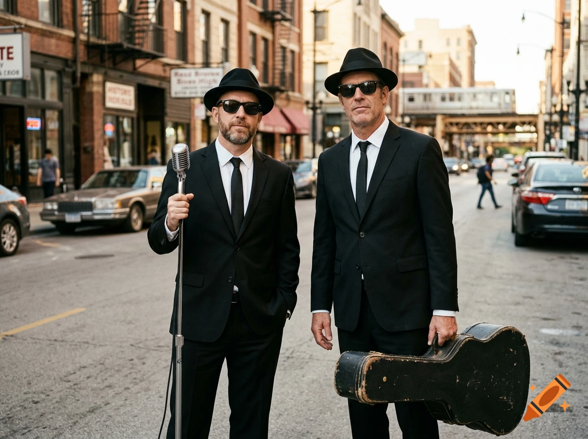 Photorealistic image of two men in black suits, white shirts, black ties, hats, and sunglasses standing on a city street.