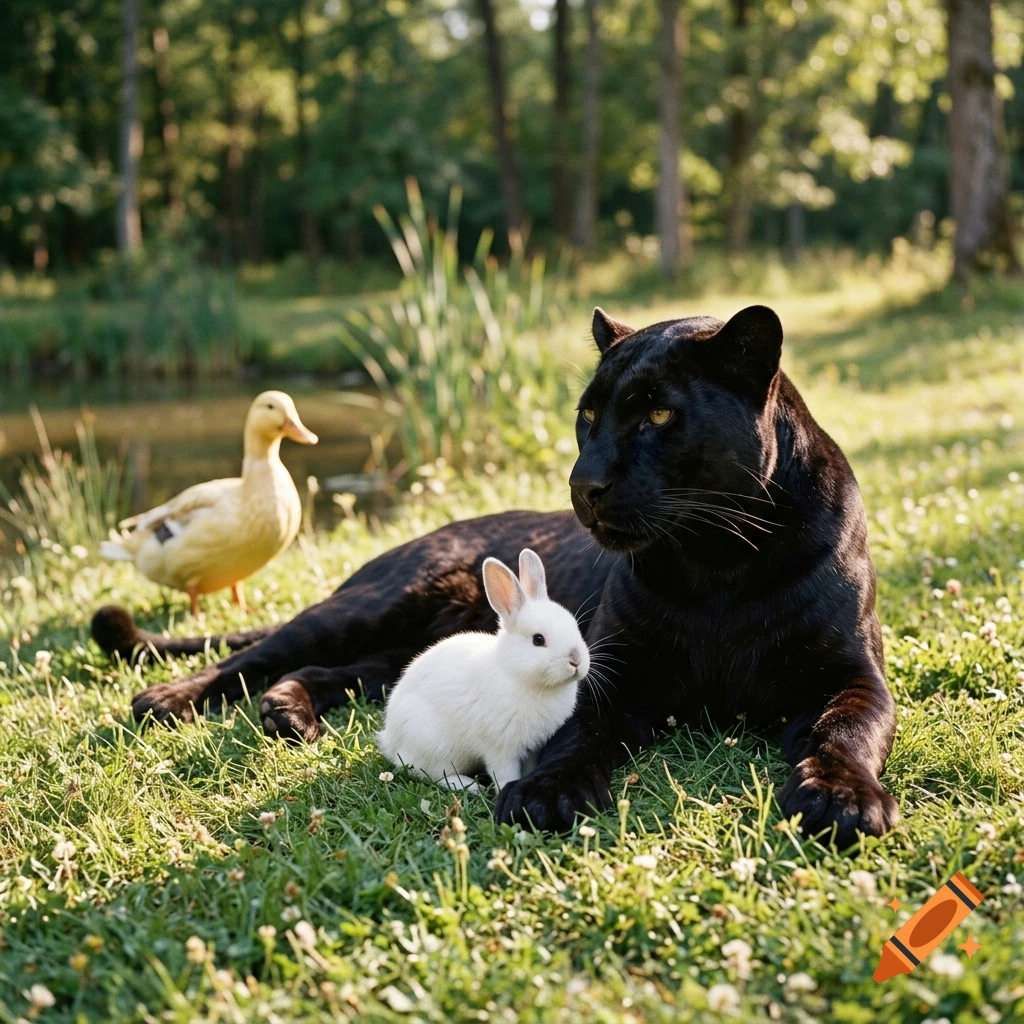 Photorealistic image of a black panther and a white rabbit resting together in a grassy field, with a yellow duck watching in the background.