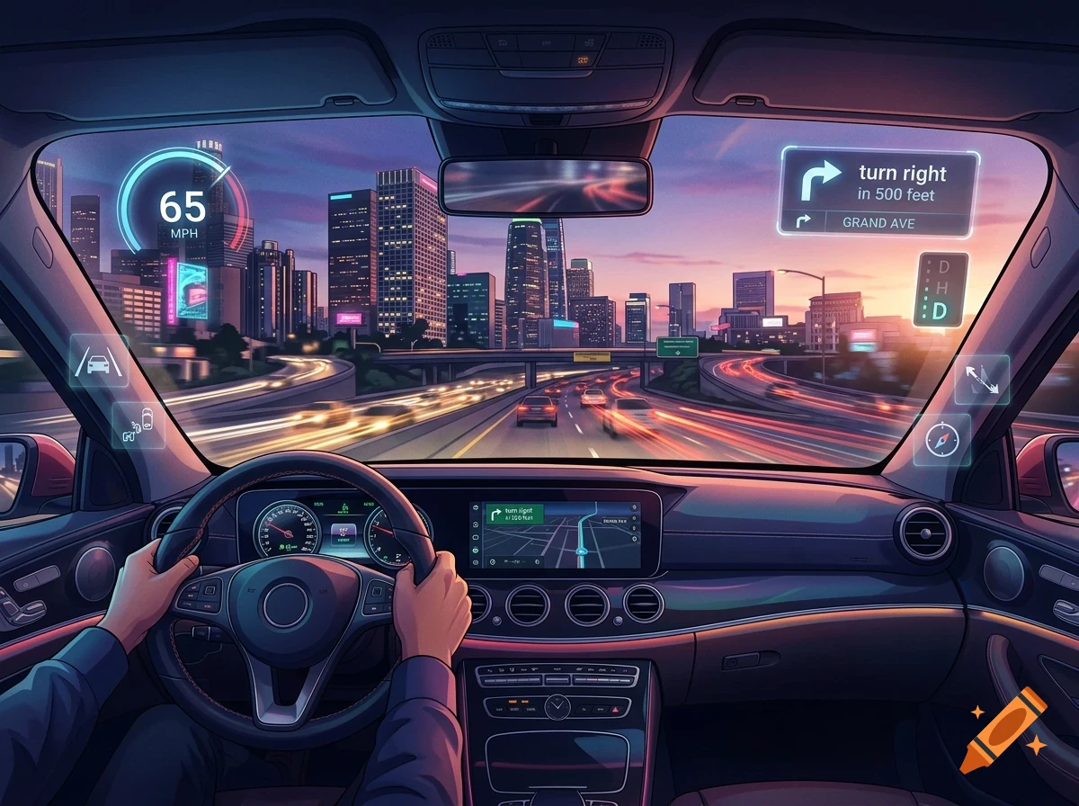 Interior view from the driver seat of a car driving on a highway towards a city skyline at sunset, with futuristic HUD displays overlaid on the windshield.