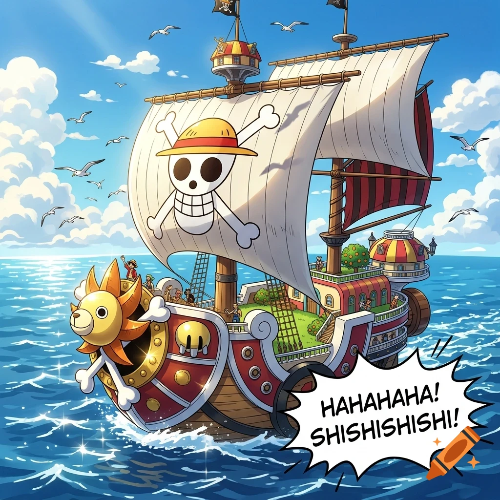 An illustration of the Thousand Sunny pirate ship from One Piece sailing on the ocean under a bright blue sky with seagulls and speech bubble text.