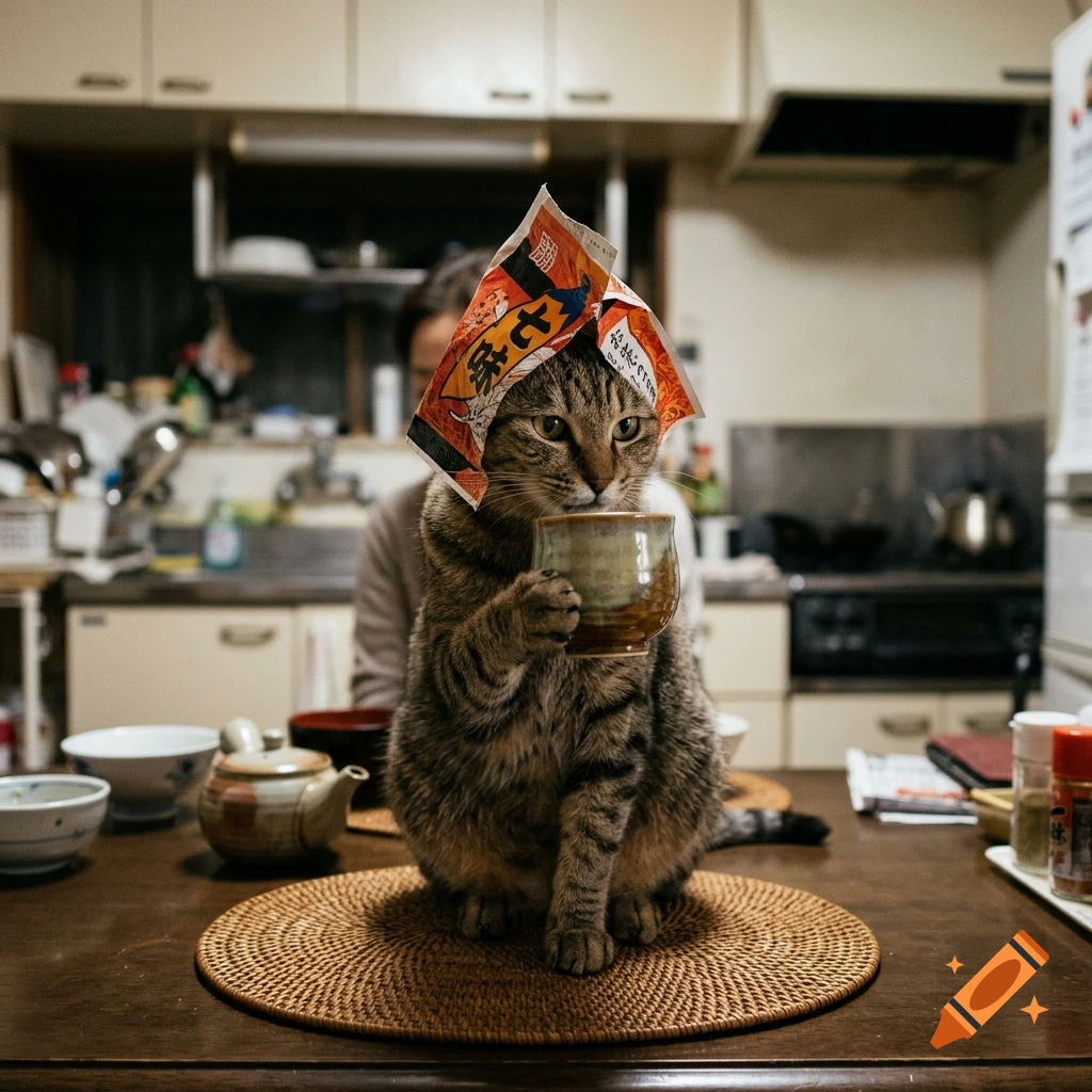 A tabby cat wearing a shichimi spice bag on its head while sitting on a woven placemat and holding a small cup, in a kitchen.