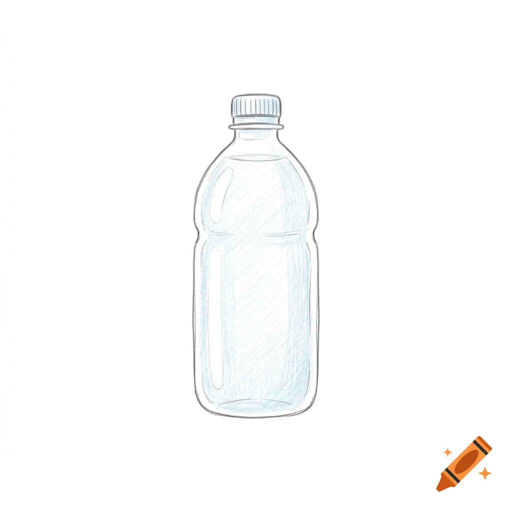 A colored pencil drawing of a plastic water bottle on a white background.