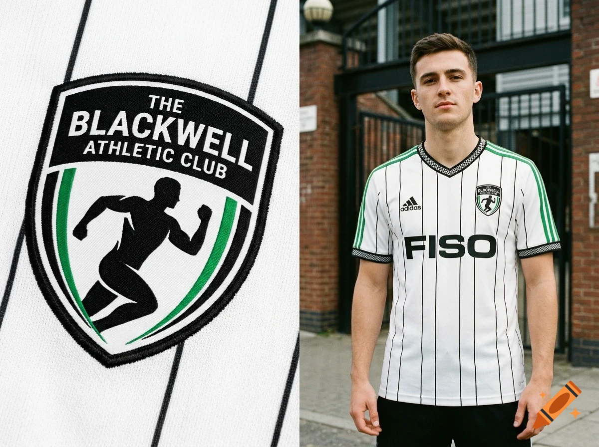 A split image showing a close-up of a sports club logo patch on a white pinstripe jersey, and a young man wearing the same jersey outdoors.