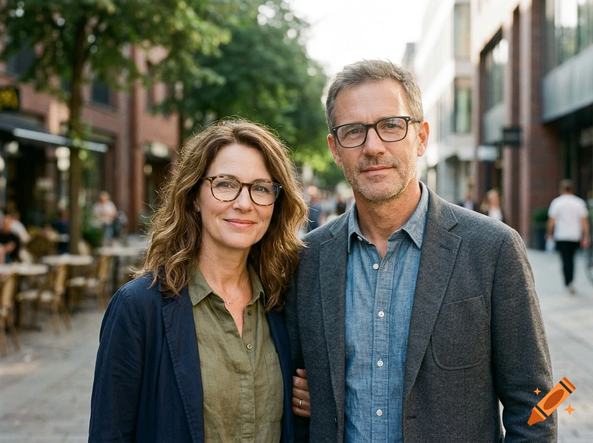 A middle-aged man and woman standing together outdoors on a city street, both wearing glasses and casual clothing.