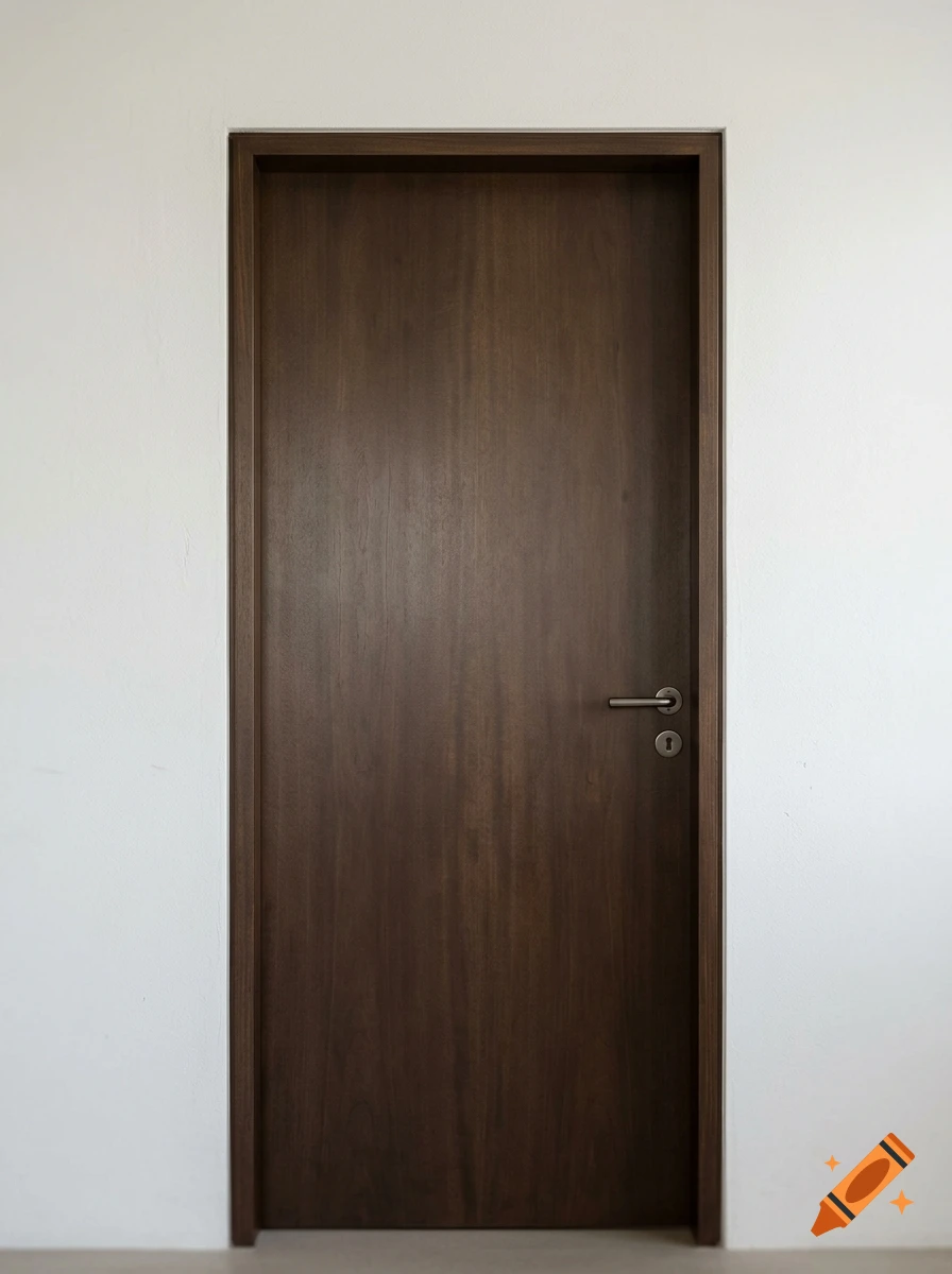 Photorealistic image of a dark brown wooden door set in a plain white wall.