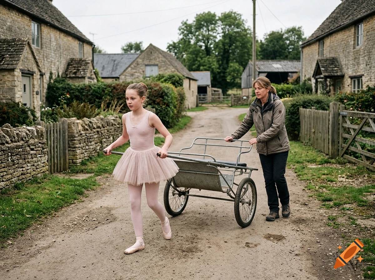 A young girl in a pink ballet tutu pulls a two-wheeled cart down a village lane, accompanied by an adult walking behind it.