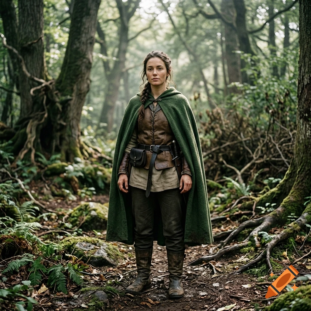 Photorealistic full-length portrait of a female fantasy mage in green and brown clothes standing on a forest path.