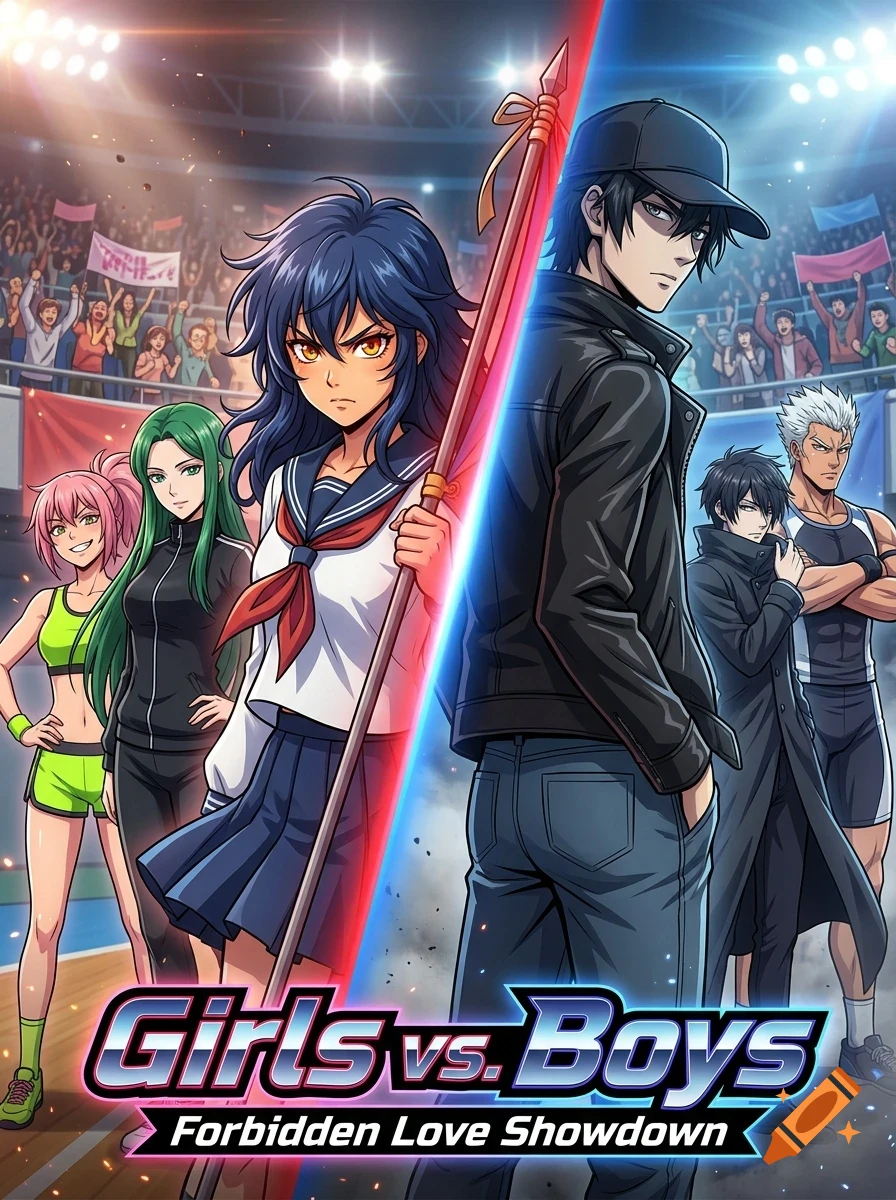An anime-style poster titled 'Girls vs. Boys: Forbidden Love Showdown' featuring two rival teams of characters standing back-to-back in an arena filled with spectators.