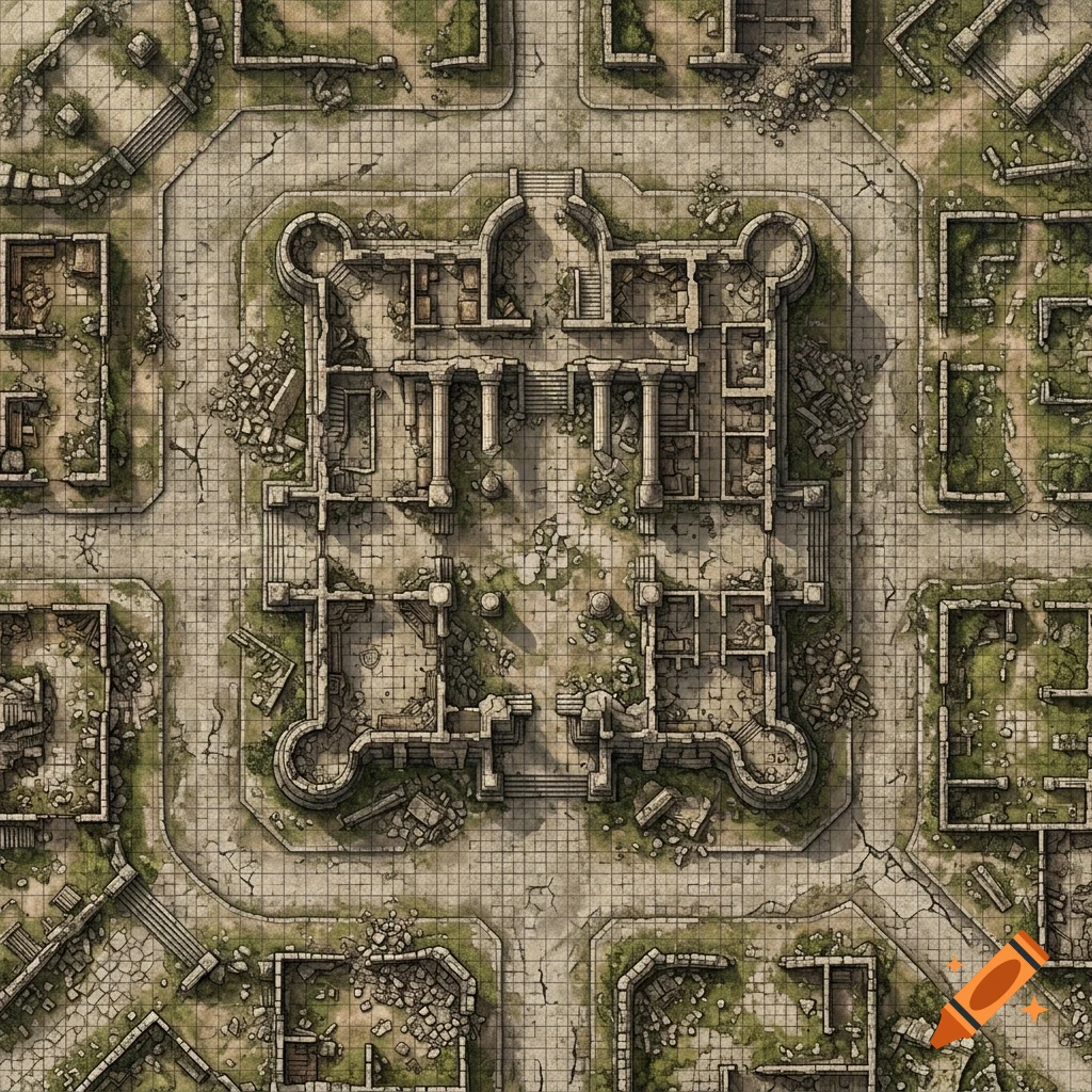 Top-down view of a ruined stone castle and surrounding battlements with a grid overlay, appearing as a tabletop RPG map.