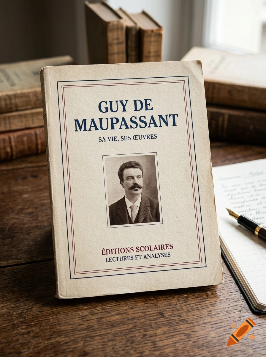 Close-up of a vintage French book about Guy de Maupassant on a wooden table with other books and a notebook in the background.