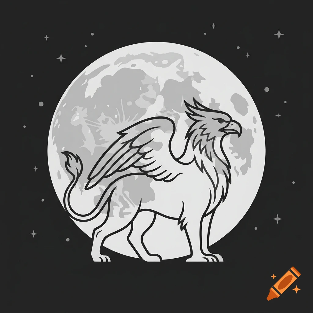 Monochrome illustration of a griffin standing against a full moon and starry night sky.