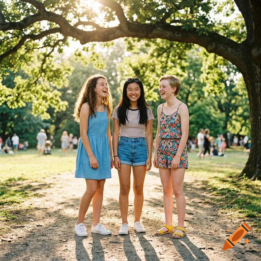 Three young women laughing together outdoors under a large tree.