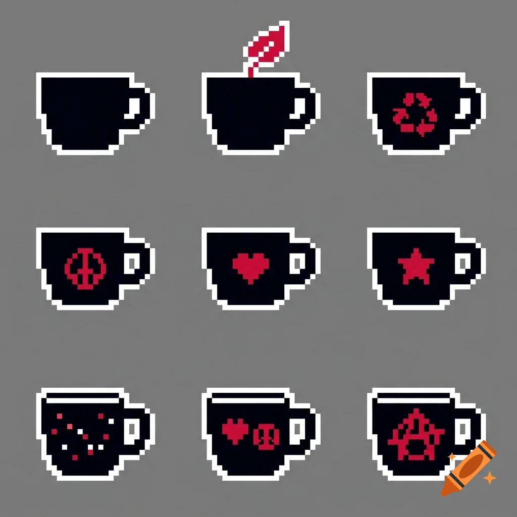 A pixel art grid displaying nine black mugs, each with different red designs such as a leaf, recycling symbol, peace sign, heart, star, and other symbols against a gray background.