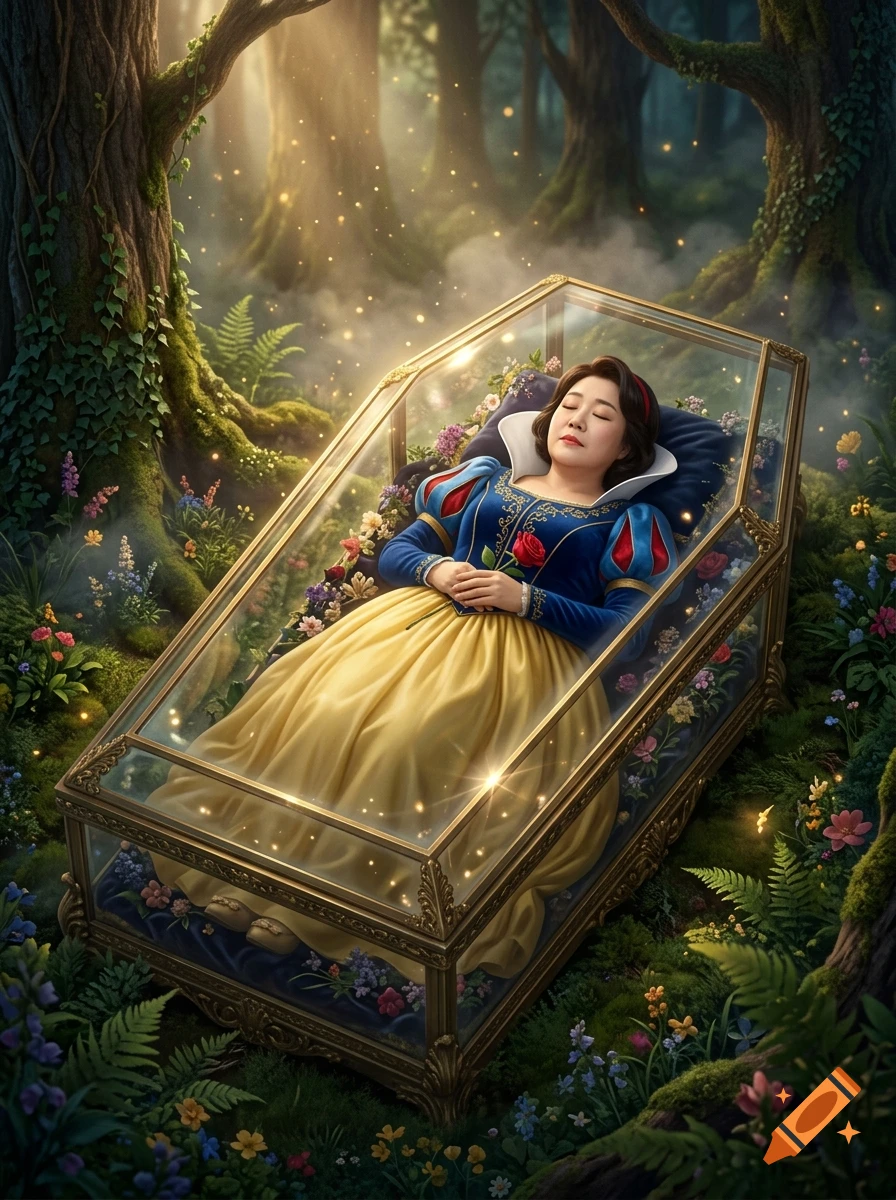 A woman sleeping inside a glass coffin, dressed in a Snow White costume, surrounded by a magical forest with glowing lights.