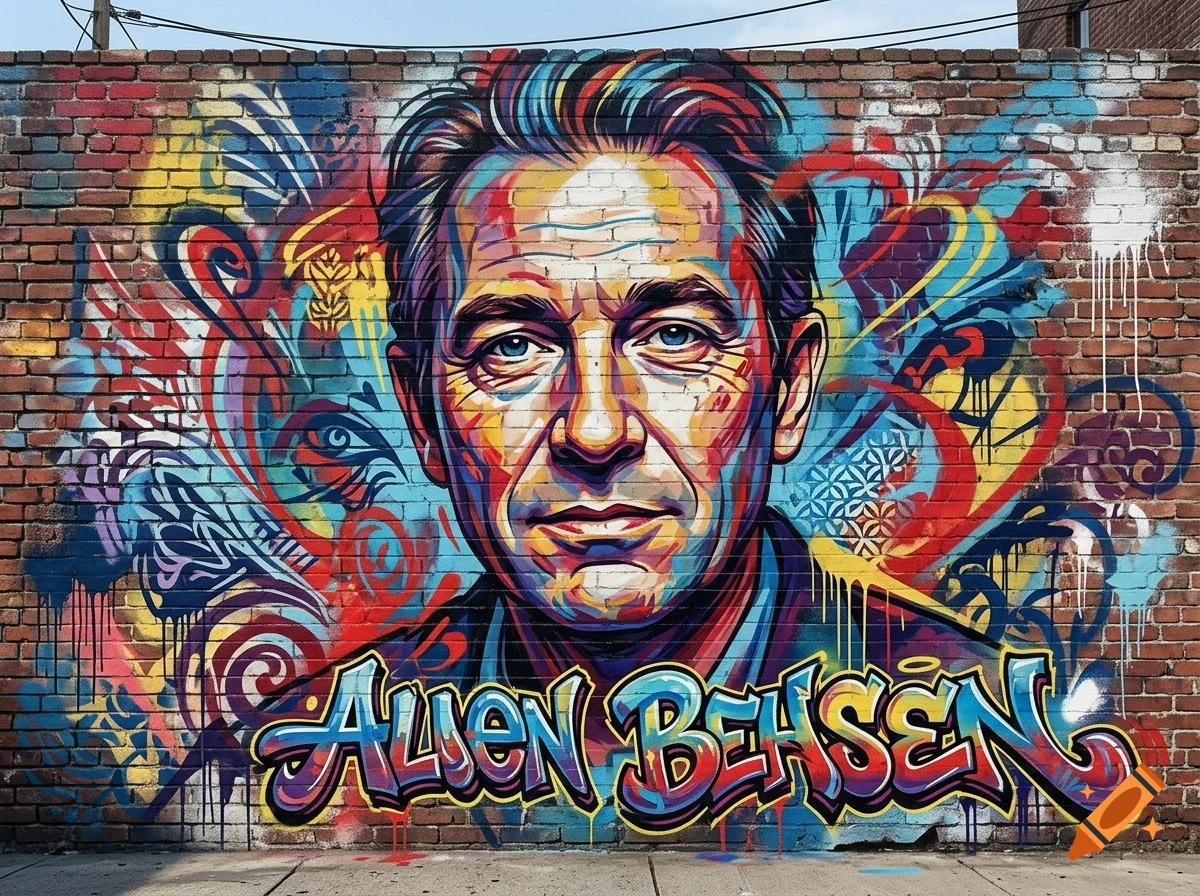 Colorful graffiti mural of a man's portrait with abstract patterns and lettering on a brick wall.