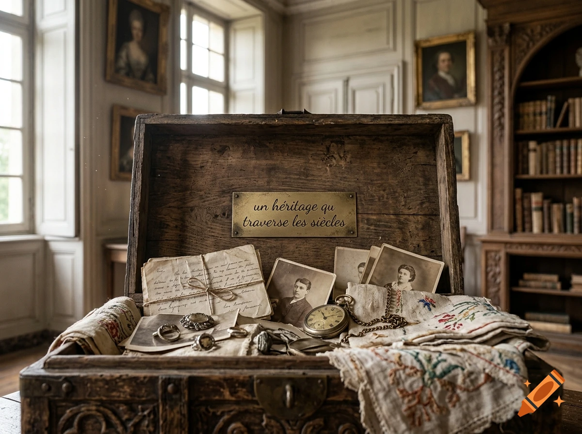 An open antique wooden chest filled with old letters, black and white photographs, pocket watch, and embroidered textiles.