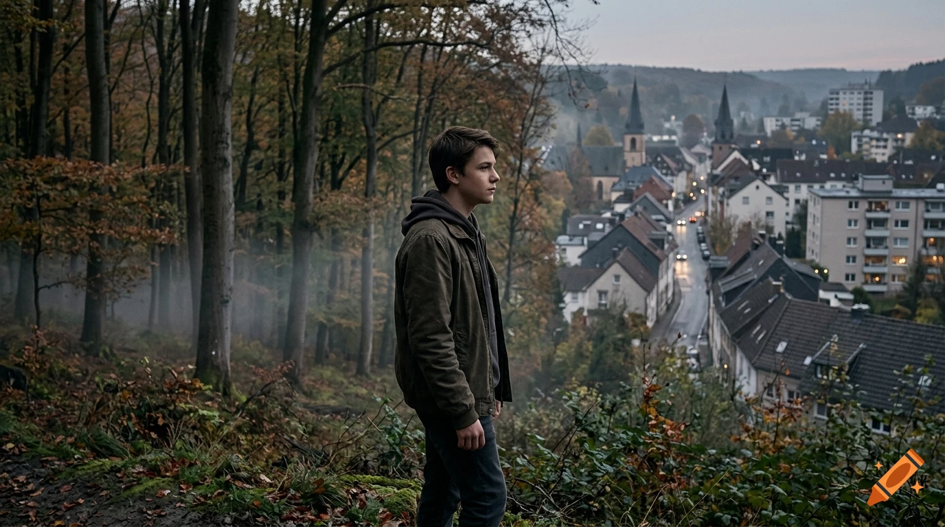 Cinematic outdoor photograph of a teenage boy standing at the edge of a forest overlooking a German town at dusk.