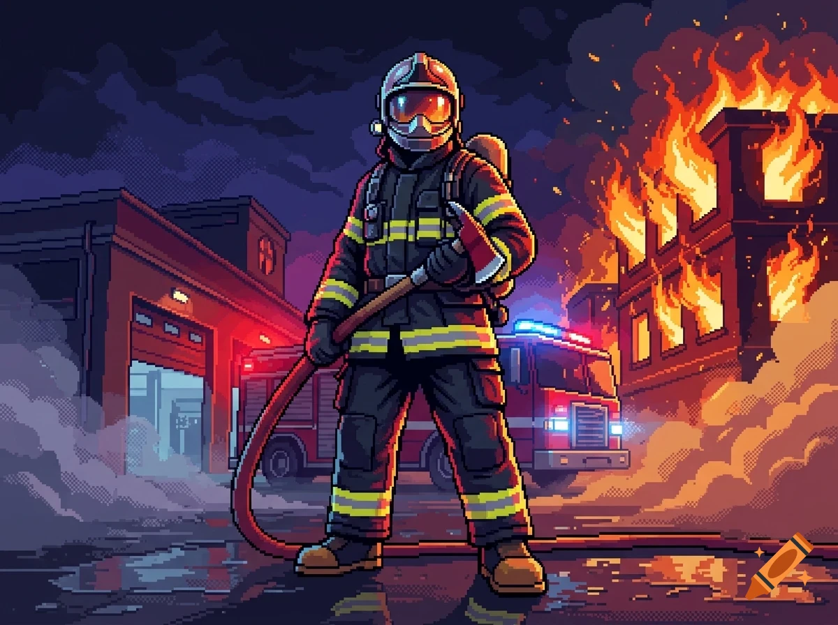 Pixel art of a firefighter holding an axe and a hose in front of a burning building and fire engine at night.