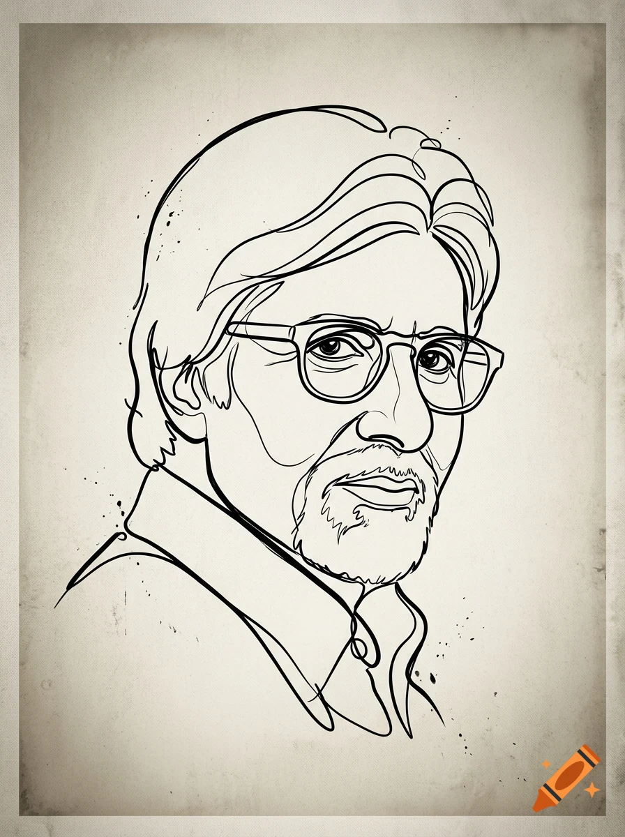 An ink and pencil line drawing portrait of a man wearing glasses and a beard against a textured background.