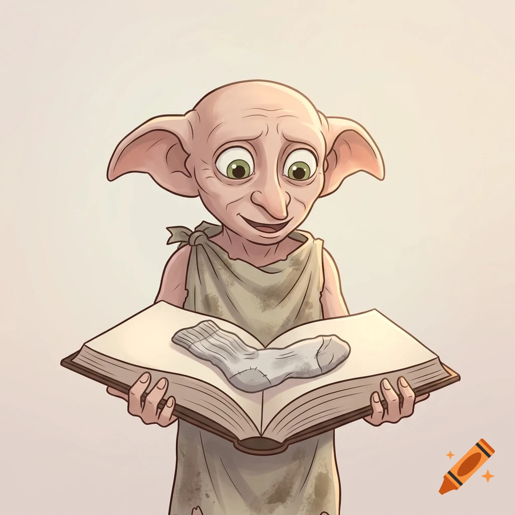 An illustration of a house-elf holding an open book with a sock lying across the pages.