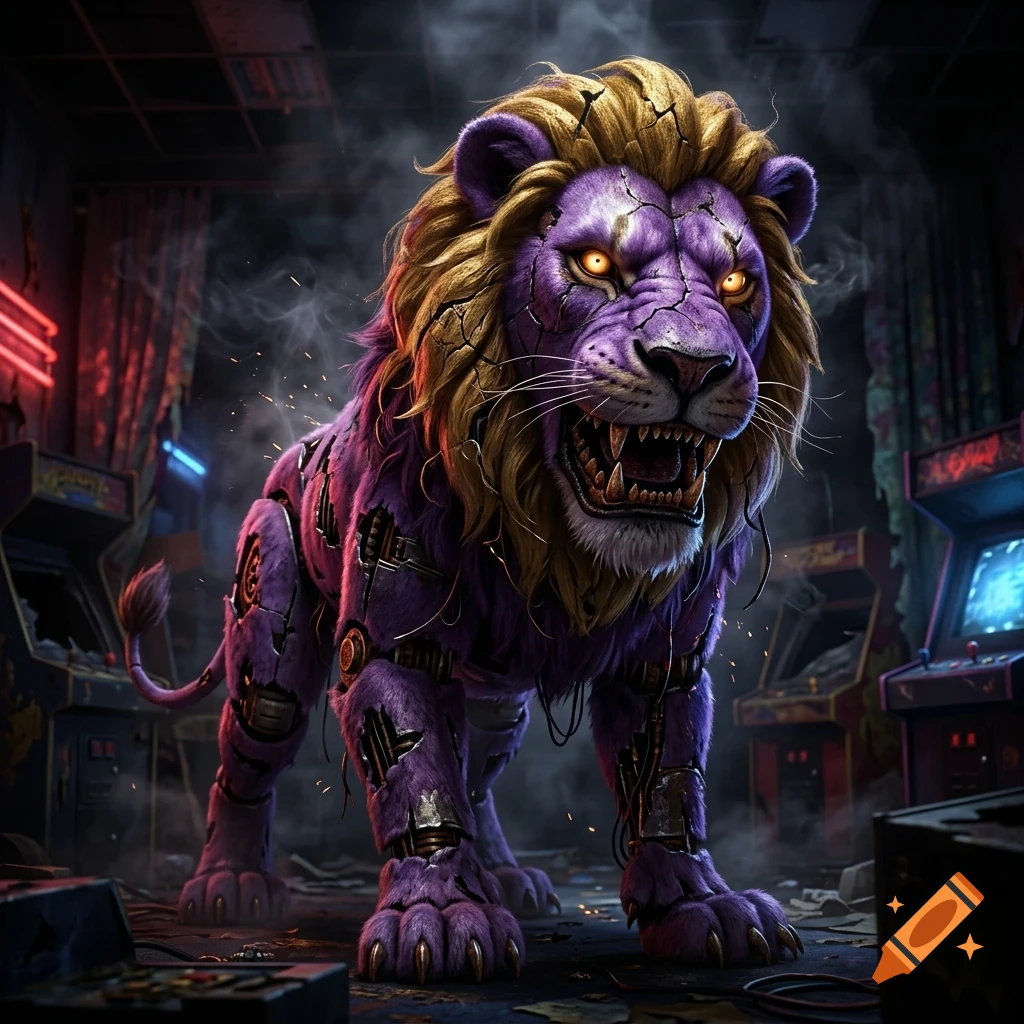 An animatronic purple and gold lion with glowing yellow eyes stands inside a dimly lit, smoky arcade with neon lights.