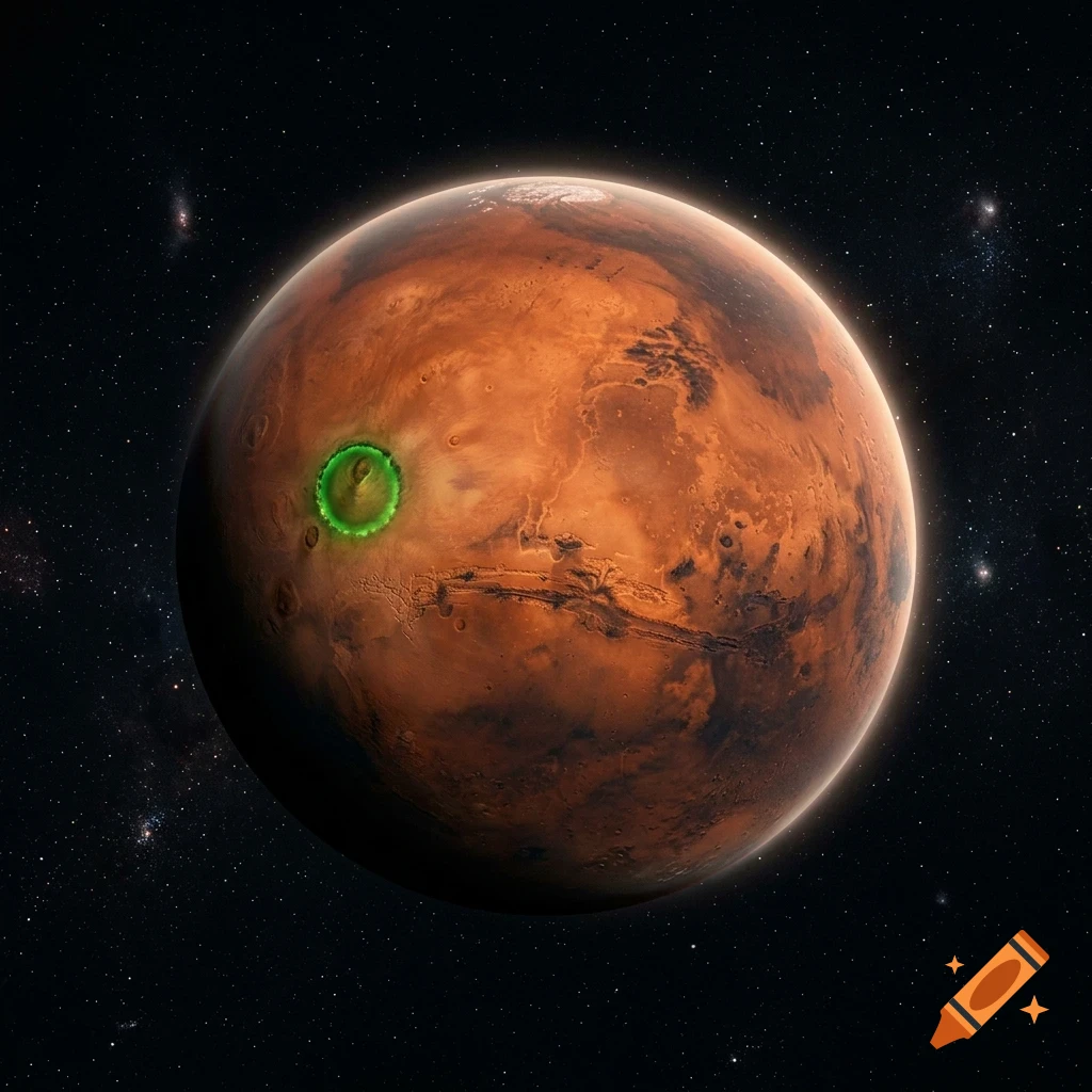 A detailed view of the reddish planet Mars against a starry background, featuring a glowing green crater or phenomenon on its surface.
