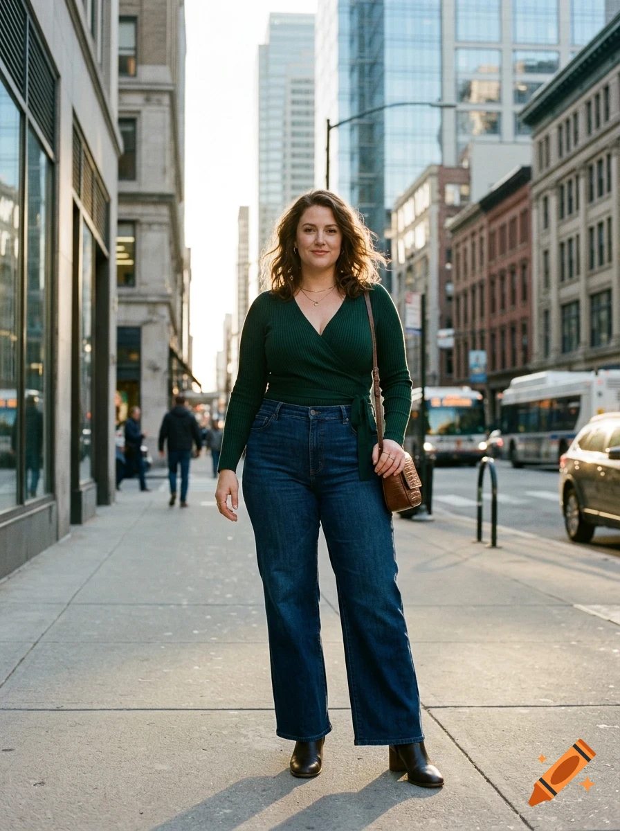 A woman stands on a city sidewalk wearing a dark green top, blue jeans, and carrying a shoulder bag, with urban buildings in the background.