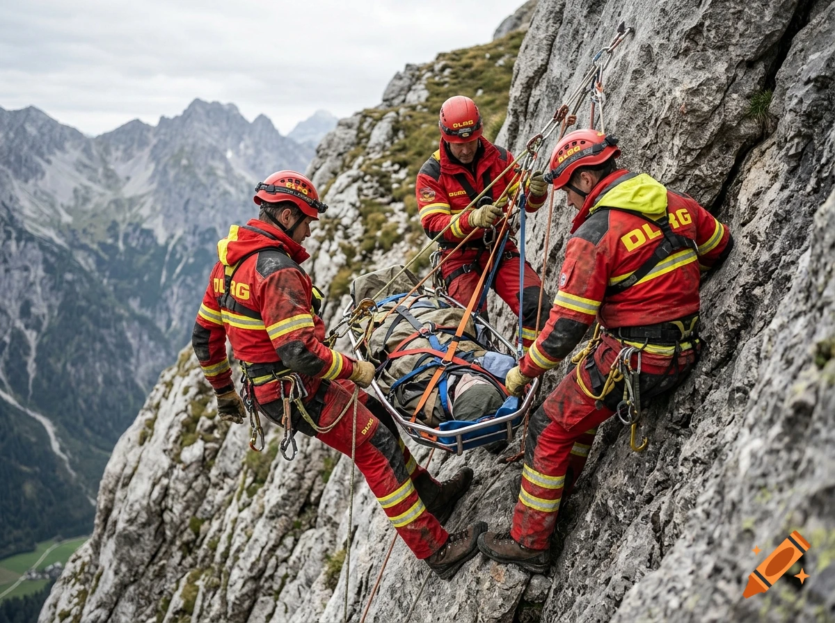 Photorealistic image of DLRG mountain rescuers abseiling with a stretcher on a rocky cliff face.