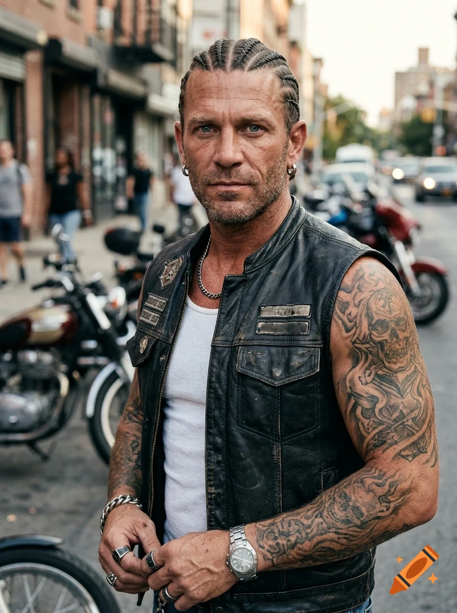 Portrait of a tattooed man with cornrows and a leather vest standing on a city street with motorcycles.