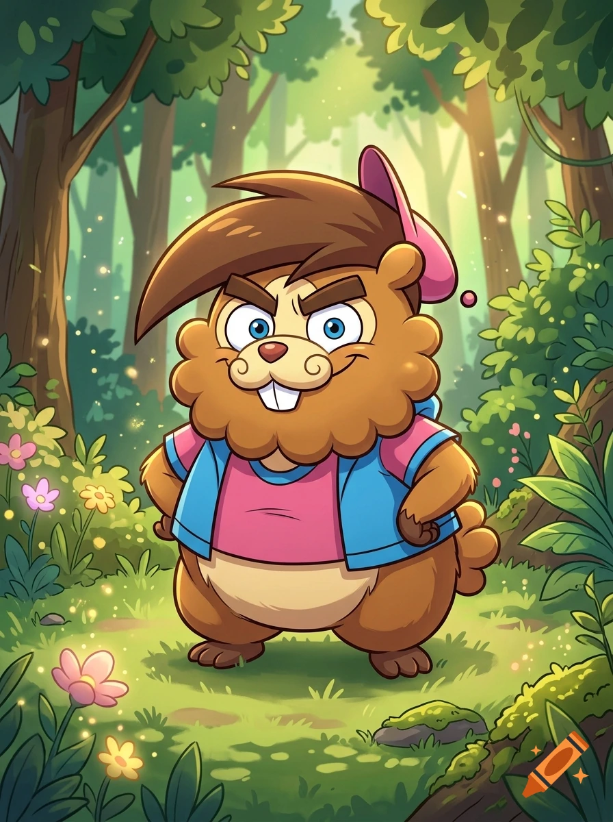 Digital cartoon illustration of Timmy Turner as a Bidoof character standing in a sunny forest.