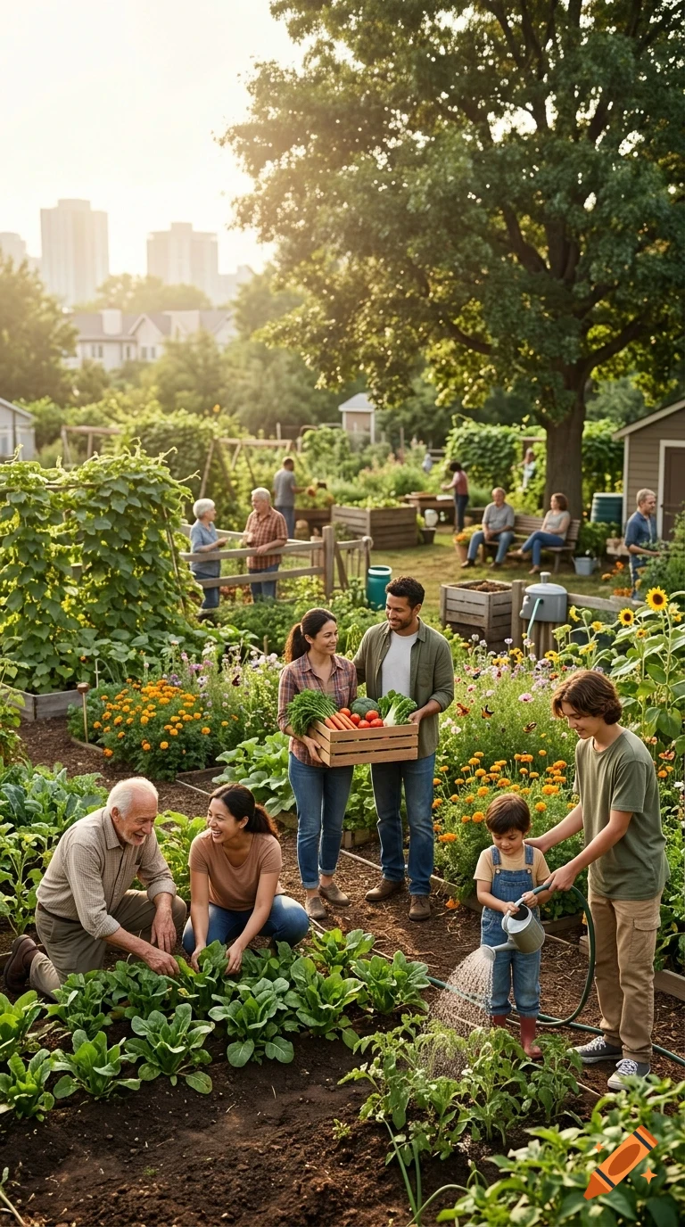 A multi-generational family and community members tending to a lush, sunlit urban community garden filled with vegetables and flowers.