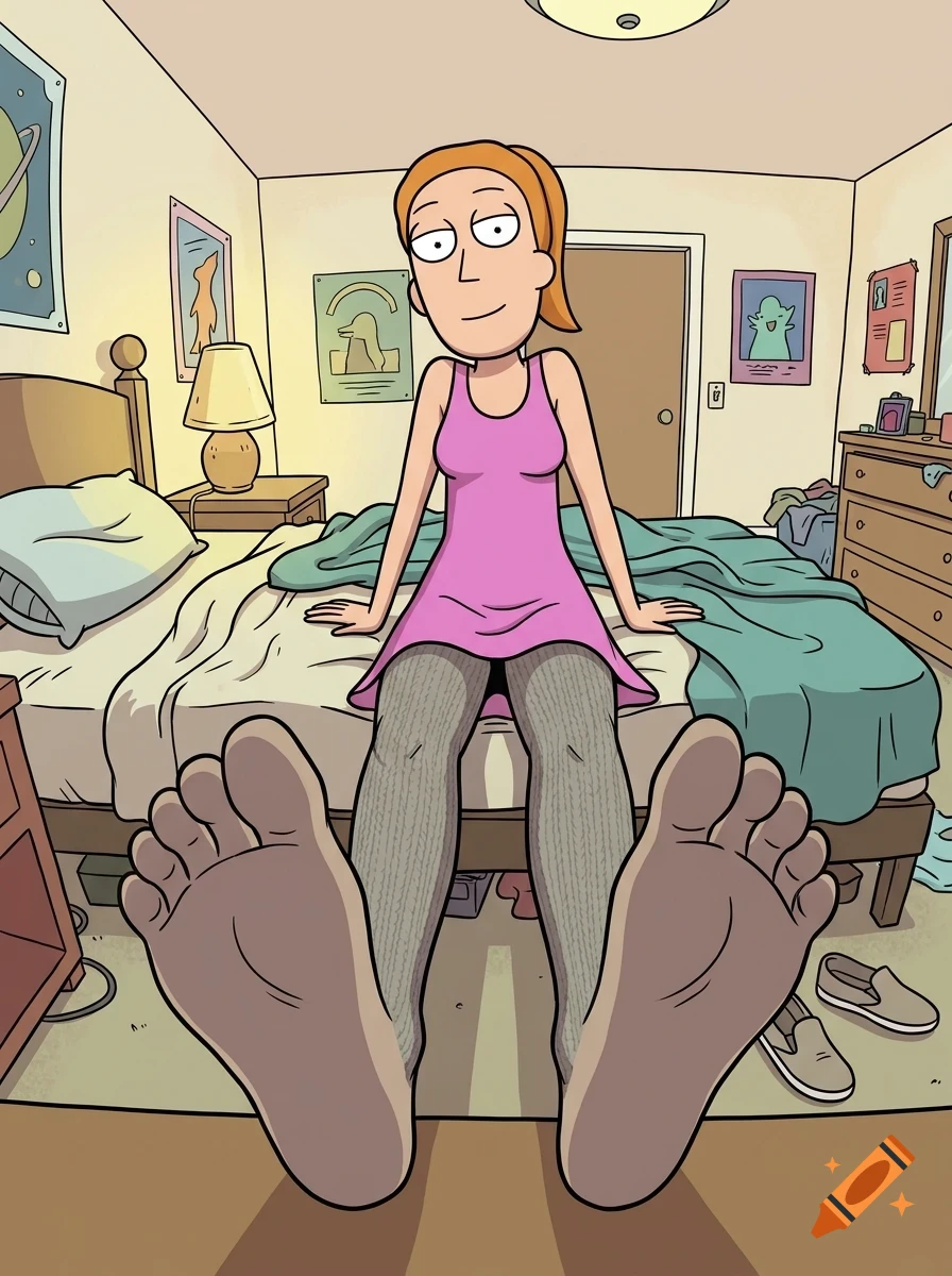An illustrated portrait of a character sitting on a bed in a bedroom, viewed from a low angle focusing on the feet.