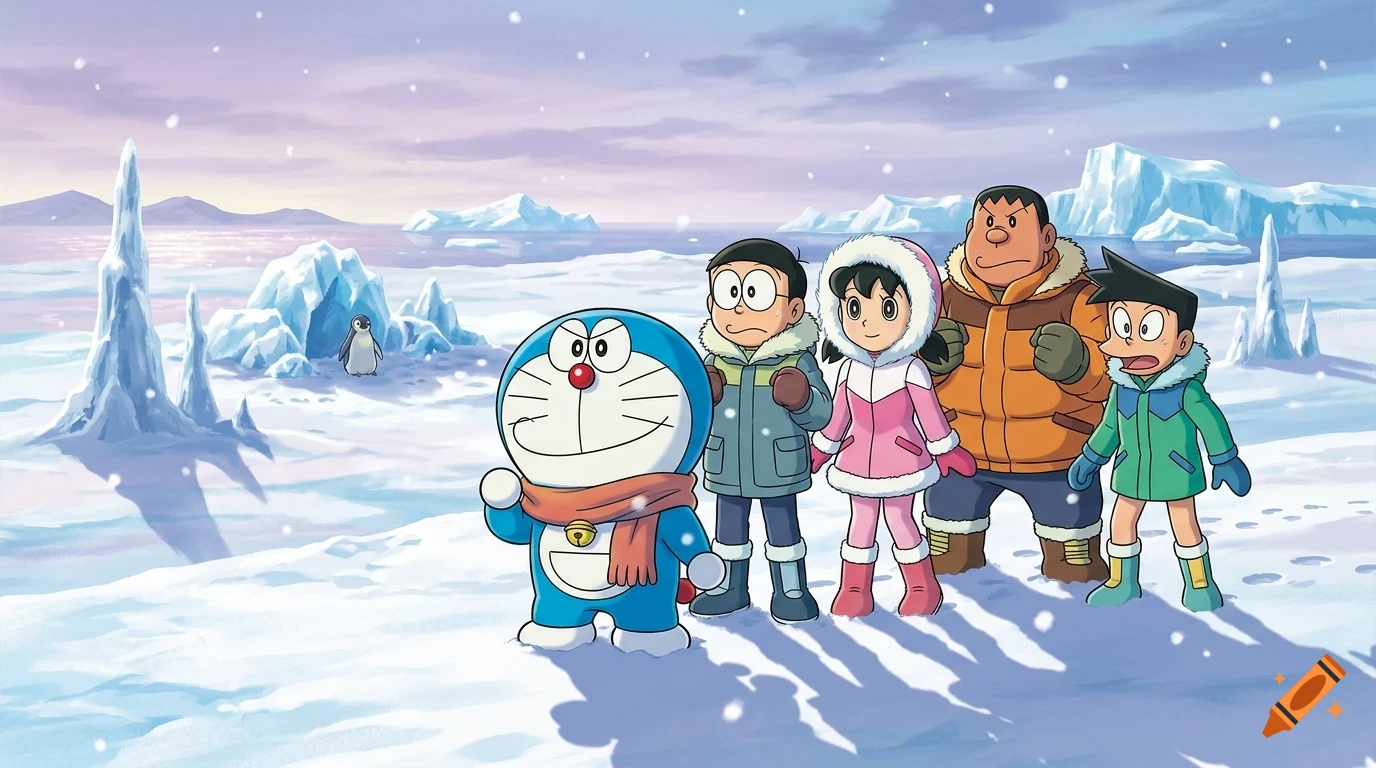 Doraemon and his friends stand in a snowy polar landscape with icebergs under a pale sky.