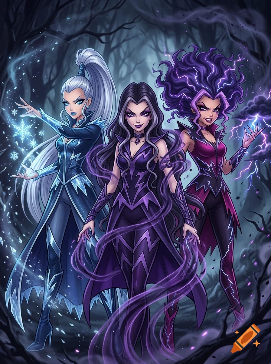Digital illustration of three magical female characters wielding elemental powers in a dark forest setting.