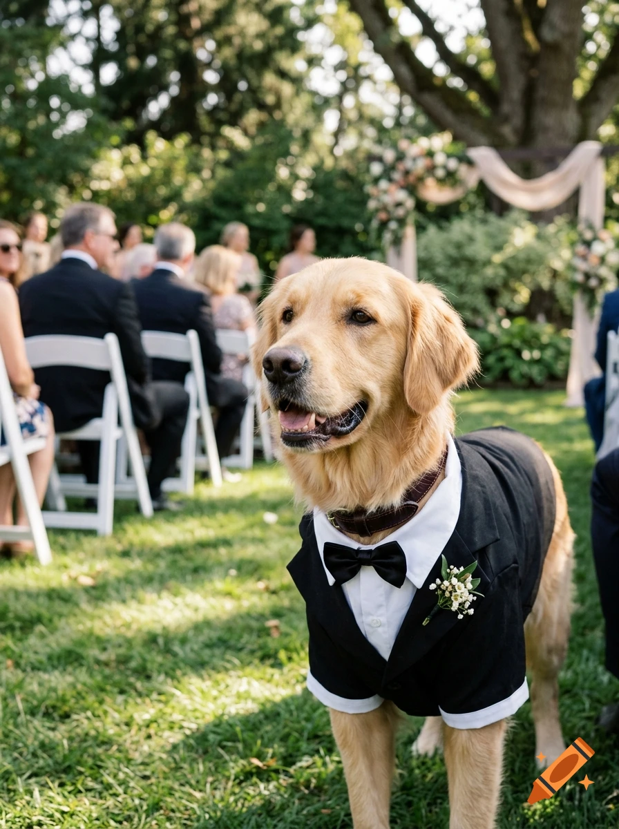 A Golden Retriever wearing a miniature tuxedo with a bow tie and boutonniere stands at an outdoor wedding ceremony, with guests seated in white chairs in the background.