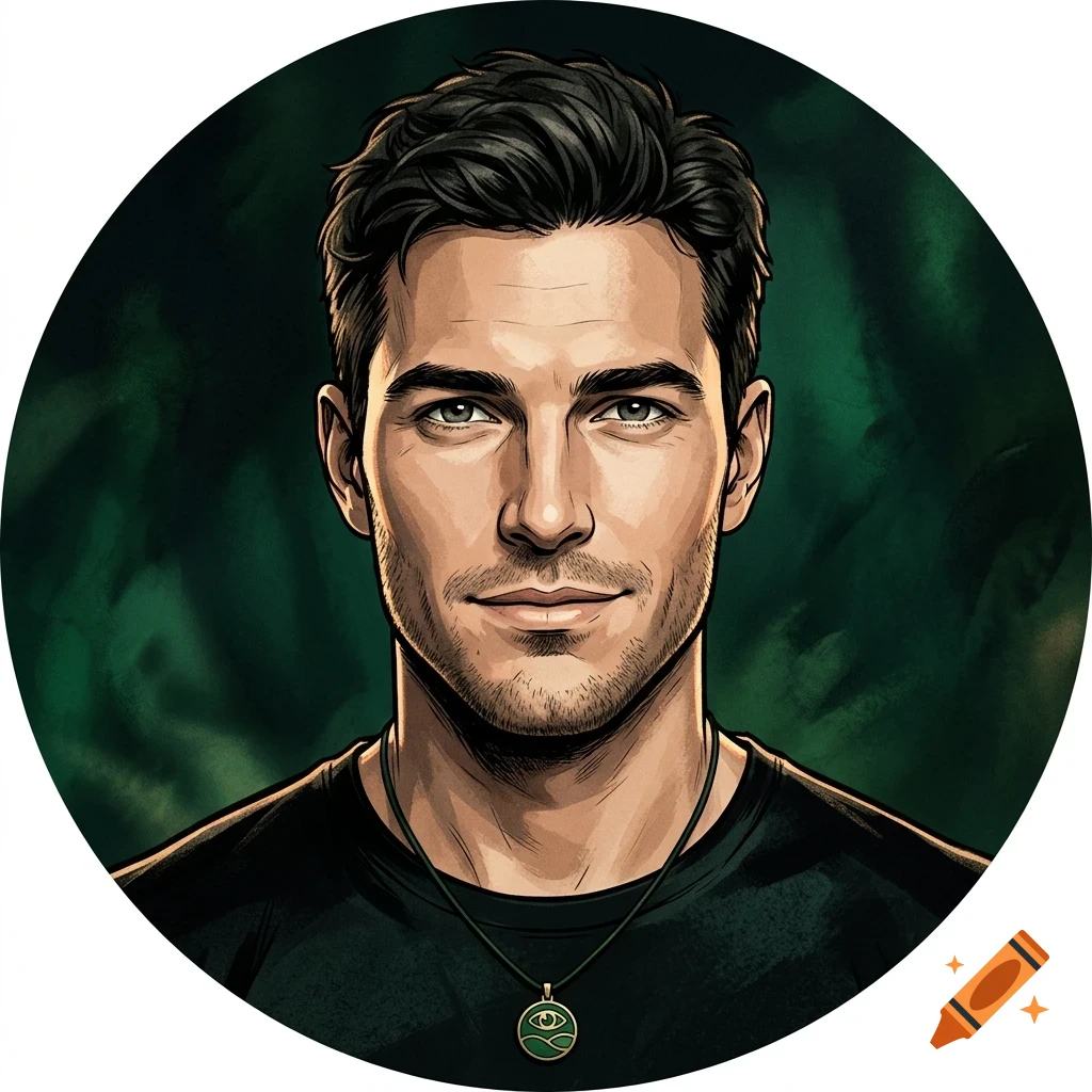 Portrait of a man with dark hair and a light beard wearing a dark shirt and a pendant necklace, presented in a circular format.