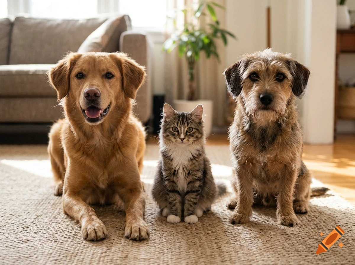 Two dogs and a cat sitting together on a carpeted floor in a living room.