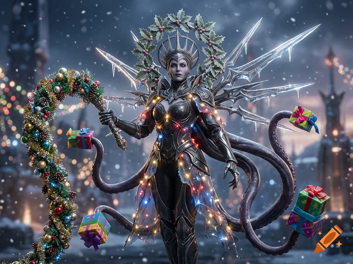 A fantasy female figure in dark armor adorned with glowing holiday lights, a holly wreath halo, ice crystal wings, and tentacle-like appendages holding wrapped gifts amidst a snowy backdrop.