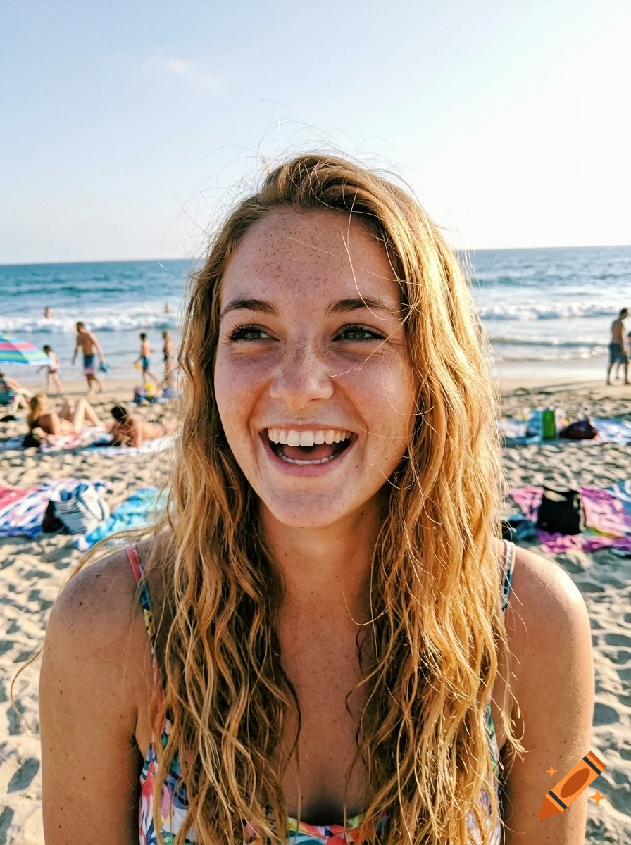 A smiling young woman with long blonde hair and freckles on a crowded sandy beach with the ocean in the background.