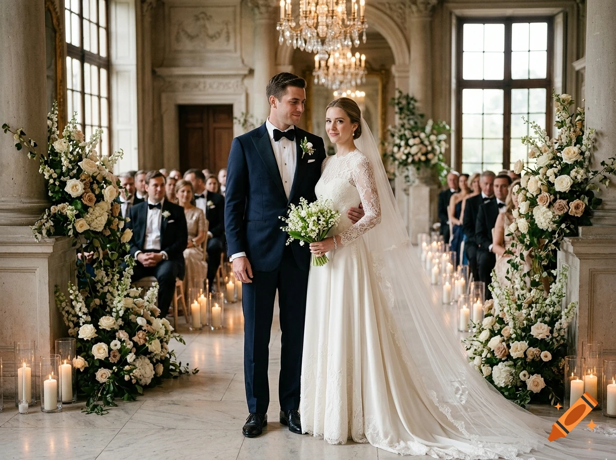 Photorealistic wedding scene with a bride in a lace gown and veil holding a bouquet, and a groom in a tuxedo, standing in a grand hall.