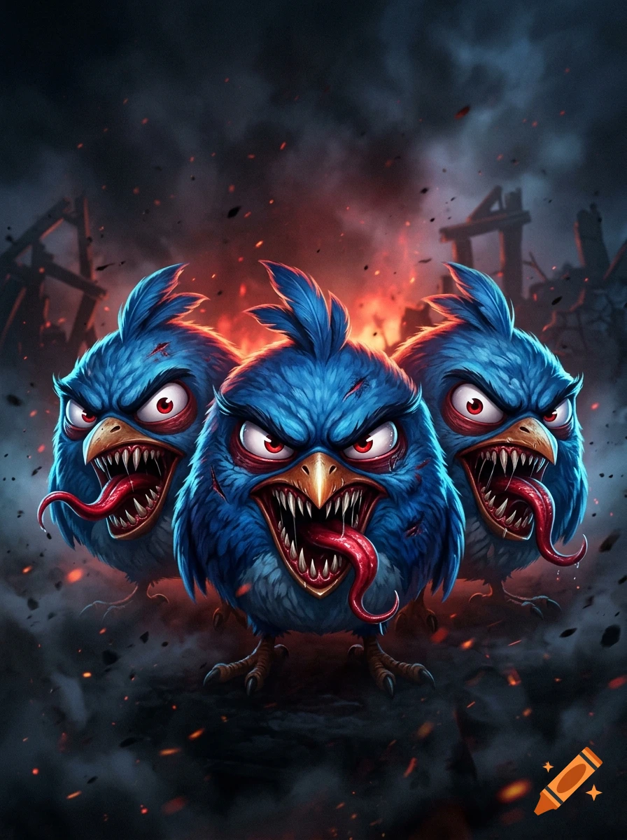 Three menacing blue cartoon birds with sharp teeth, glowing red eyes, and long red tongues, set against a dark, fiery backdrop.