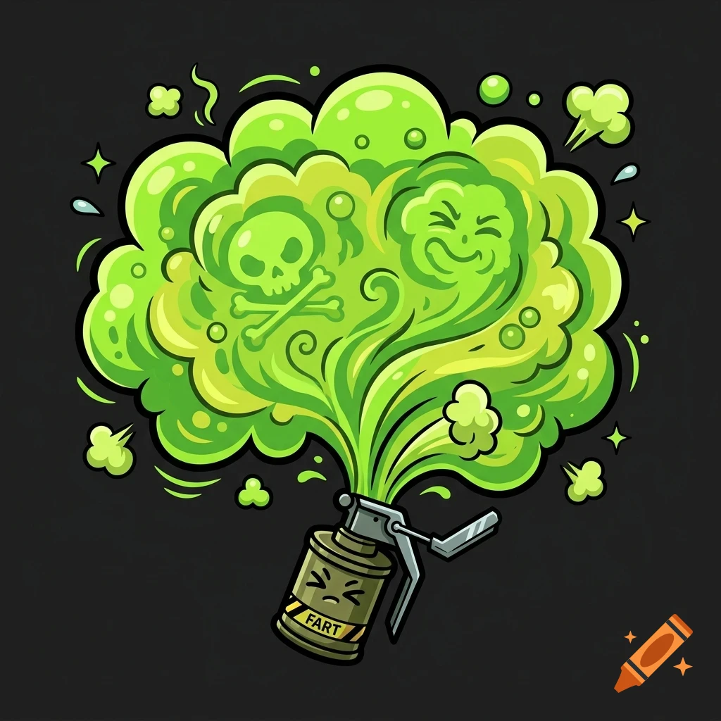 Cartoon illustration of a green stink bomb canister labeled FART, releasing a large cloud of toxic green gas with a skull and crossbones and a grinning face shape inside.