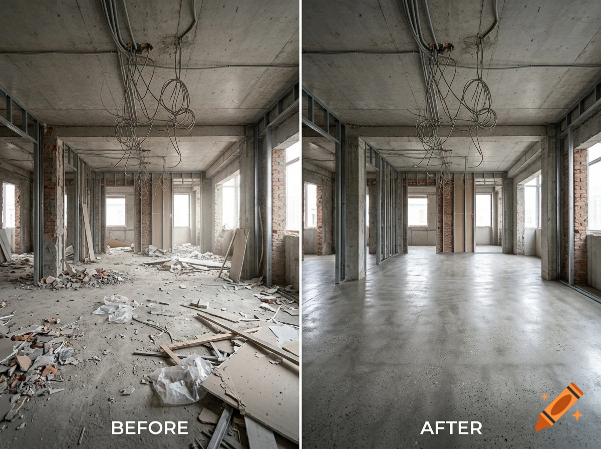 Before and after comparison of a room interior during construction, showing debris on the left and a clean concrete floor on the right.