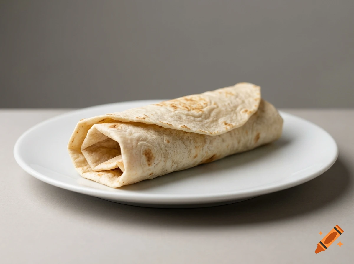 A rolled dürüm wrap on a white plate against a grey background, photorealistic style.