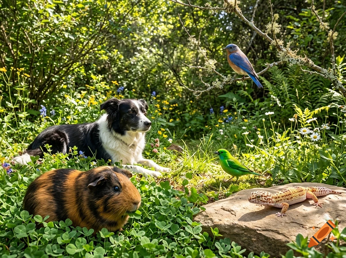 A border collie, a guinea pig, a gecko, and two birds gathered in a lush garden filled with green grass, clover, and wildflowers.